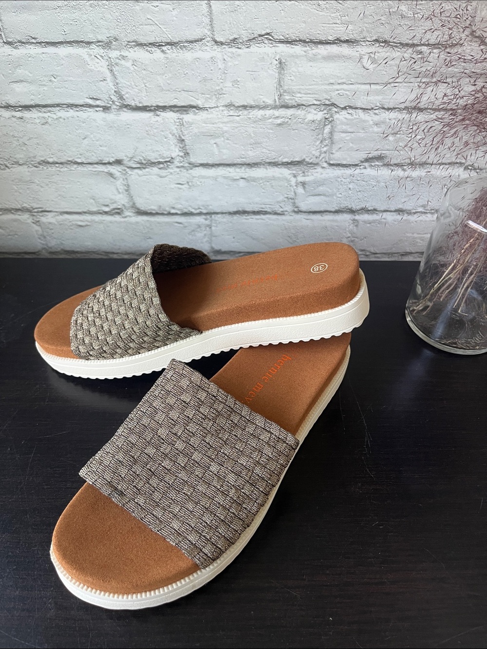 Bernie Mev. Bronze Gold Woven Slip-On Sandals Cork Suede